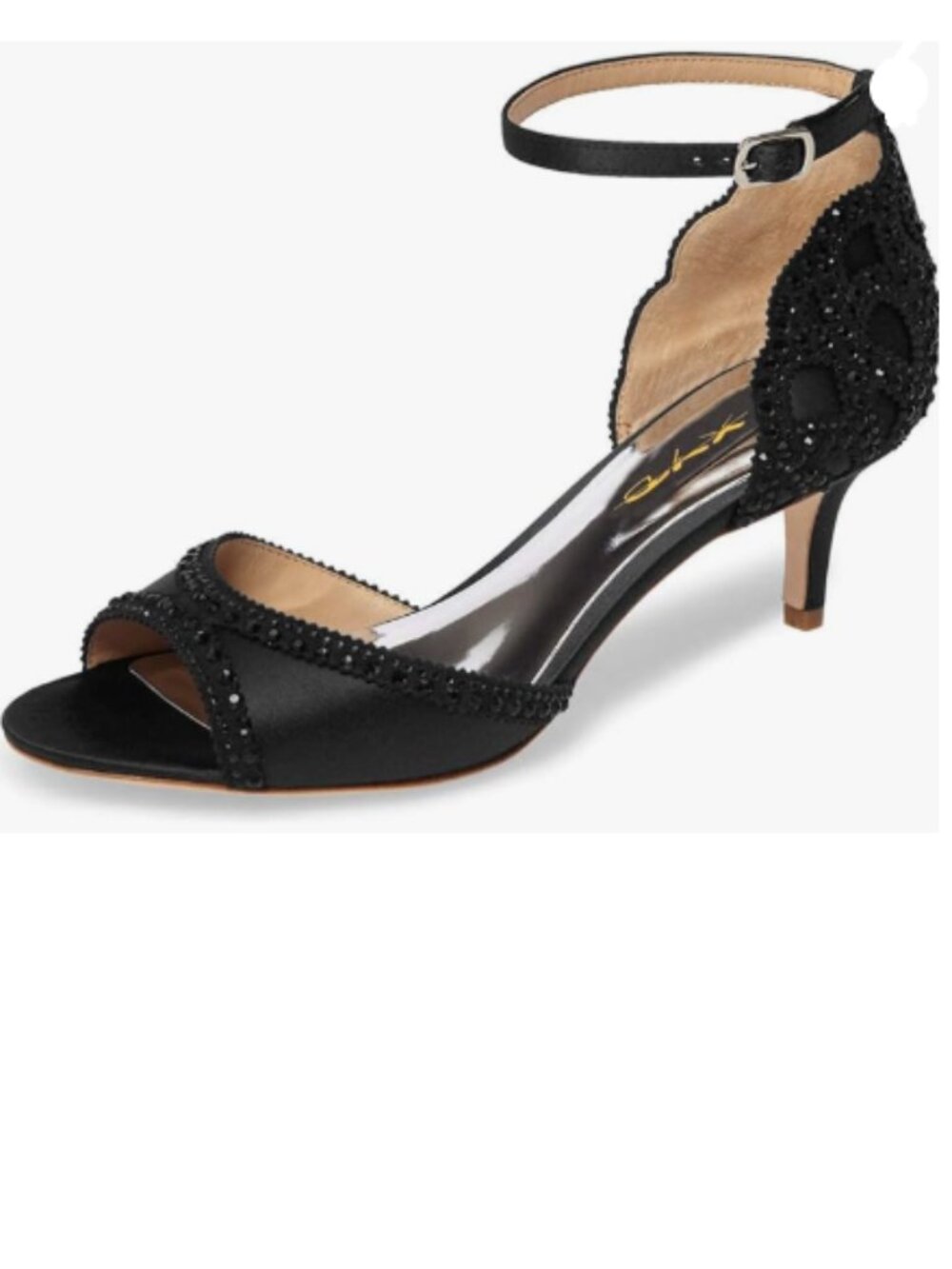 XYD Black Sandal Peep Toe D'Orsay Kitten Heel Rhinestone Ankle Strap Satin Shoes